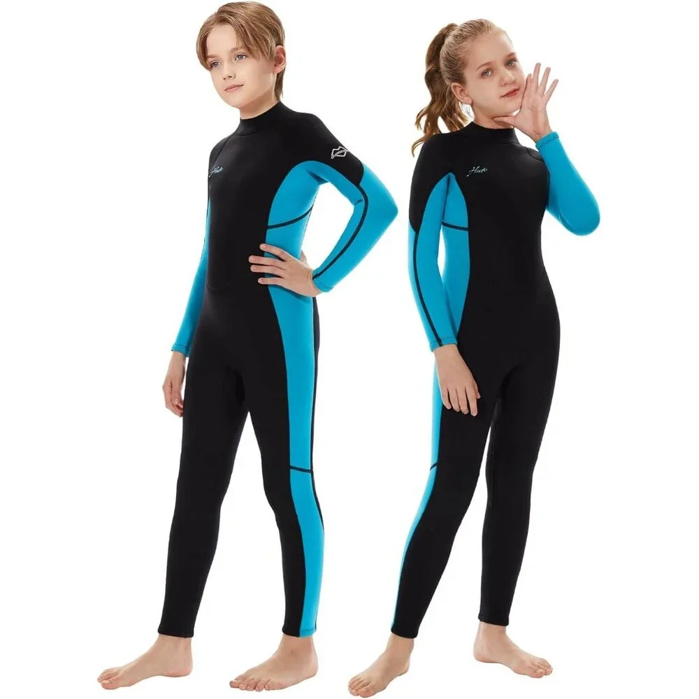 Kids' Wet Suit, long sleeve,Teal & Black One-Piece Swimsuit front zipper